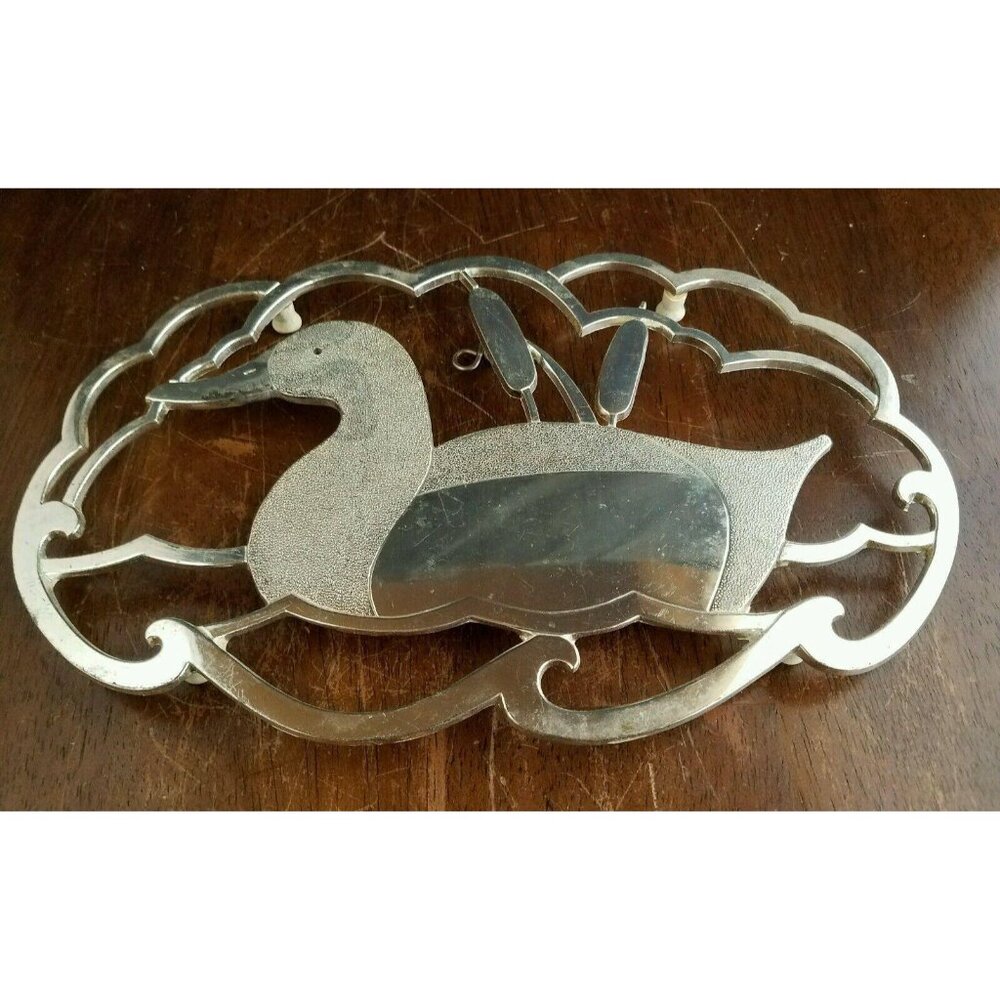 Wm A Rogers Silverplate Duck and Cattails Trivet Made in Japan 10 1/4" by 6 1/2"